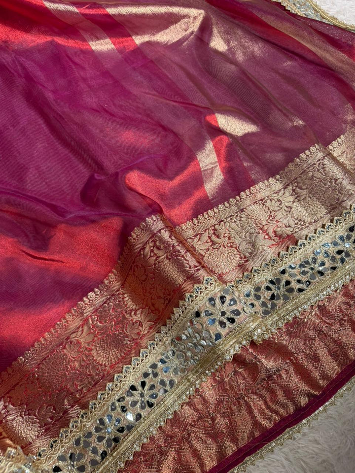 Metallic Red Bridal Tissue Silk Mirror Work Banarasi Saree