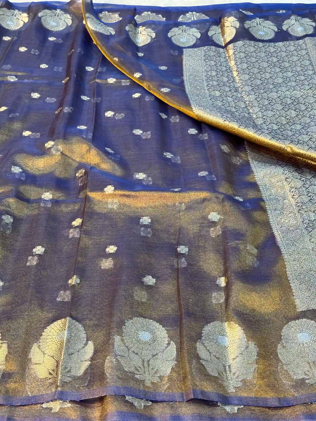 Metallic Royal Blue Eccentric Soft Tissue Silk Banarasi Saree