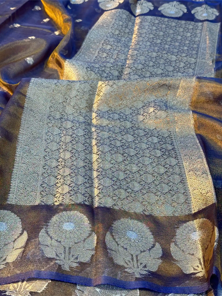 Metallic Royal Blue Eccentric Soft Tissue Silk Banarasi Saree