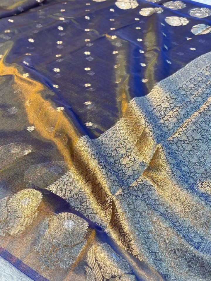 Metallic Royal Blue Eccentric Soft Tissue Silk Banarasi Saree