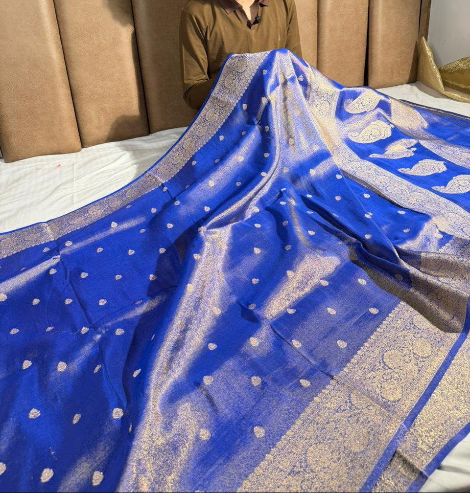 Metallic Royal blue breathable Katan tissue saree