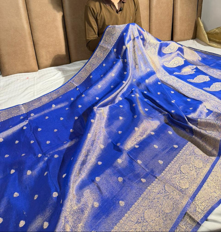 Metallic Royal blue breathable Katan tissue saree