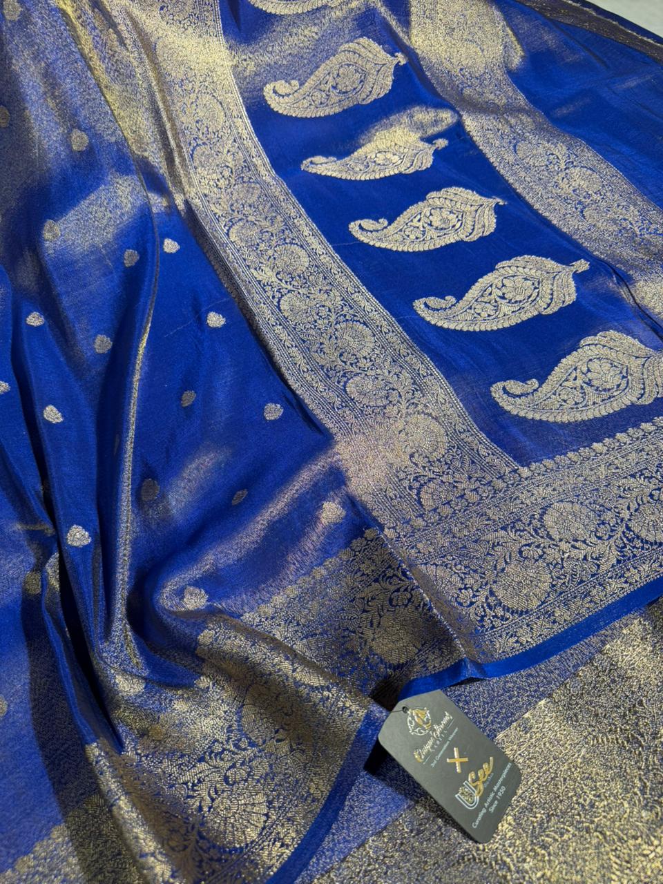 Metallic Royal blue breathable Katan tissue saree