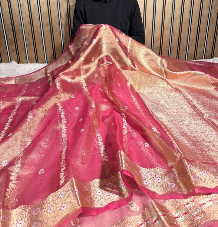 Metallic Rusted Pink Kora Tissue Silk Meenakari Traditional Weave Banarasi Saree
