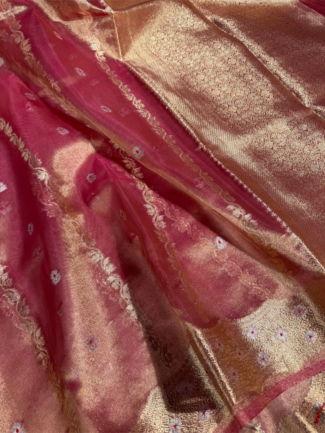 Metallic Rusted Pink Kora Tissue Silk Meenakari Traditional Weave Banarasi Saree