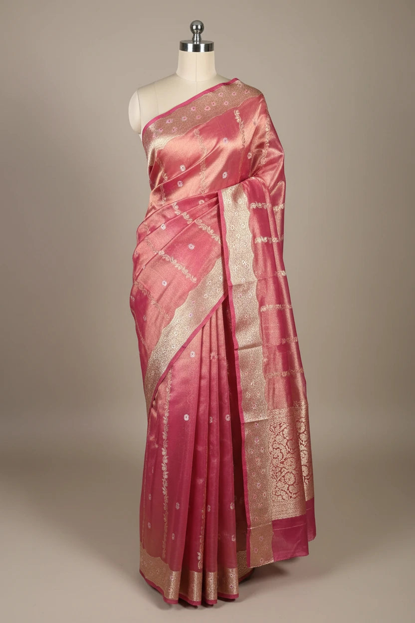 Metallic Rusted Pink Kora Tissue Silk Meenakari Traditional Weave Banarasi Saree