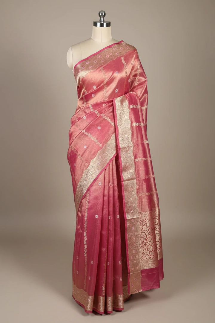 Metallic Rusted Pink Kora Tissue Silk Meenakari Traditional Weave Banarasi Saree
