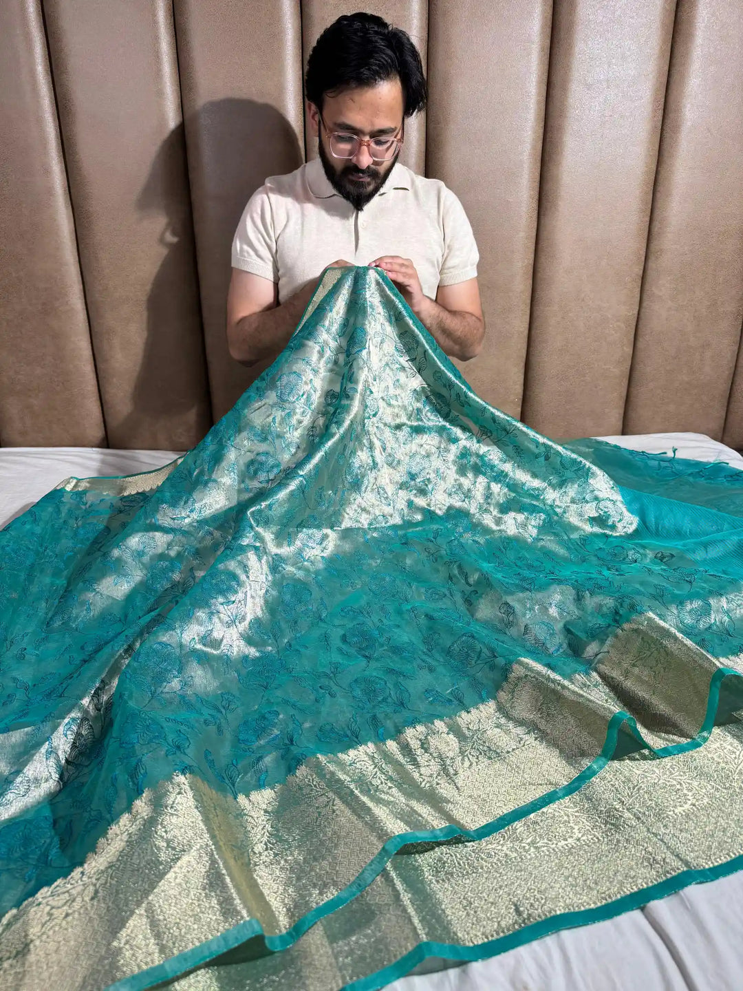Metallic Sea Green Banarasi Tissue Chikankari Saree with Rich Pallu & Blouse 