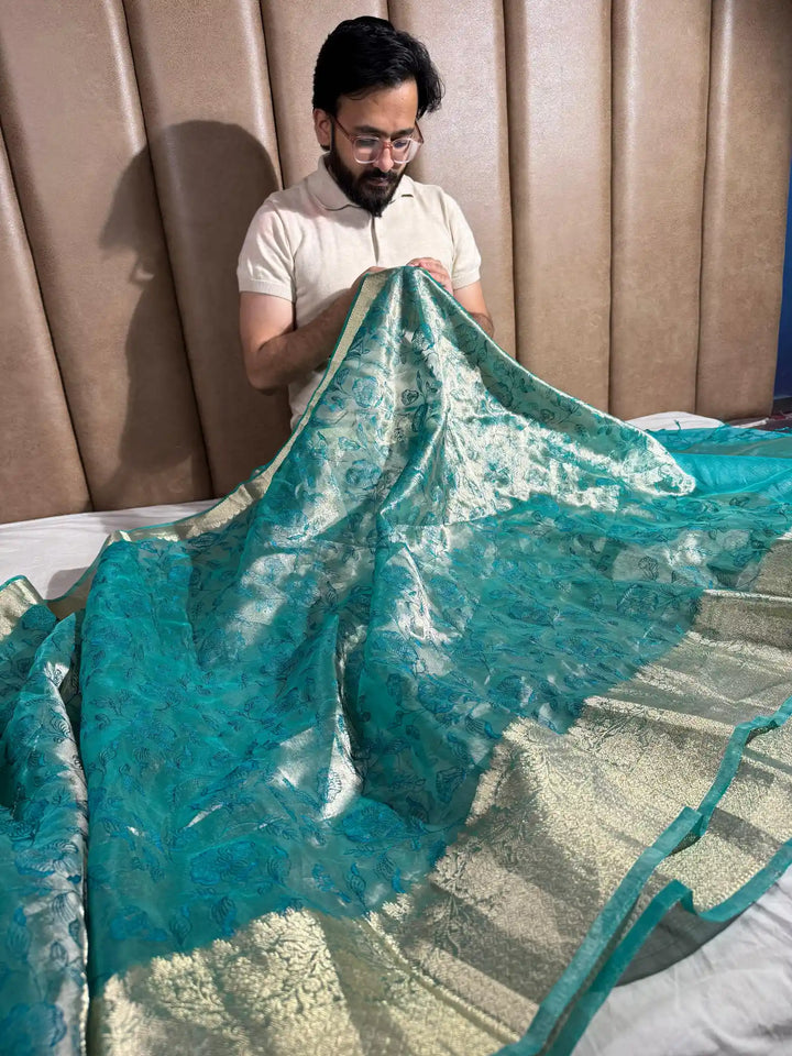Metallic Sea Green Banarasi Tissue Chikankari Saree with Rich Pallu & Blouse 