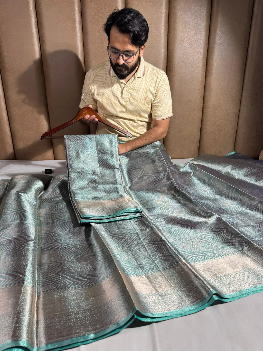 Metallic Sea Green Kanjivaram Tissue Silk Saree with Rich Pallu and Blouse