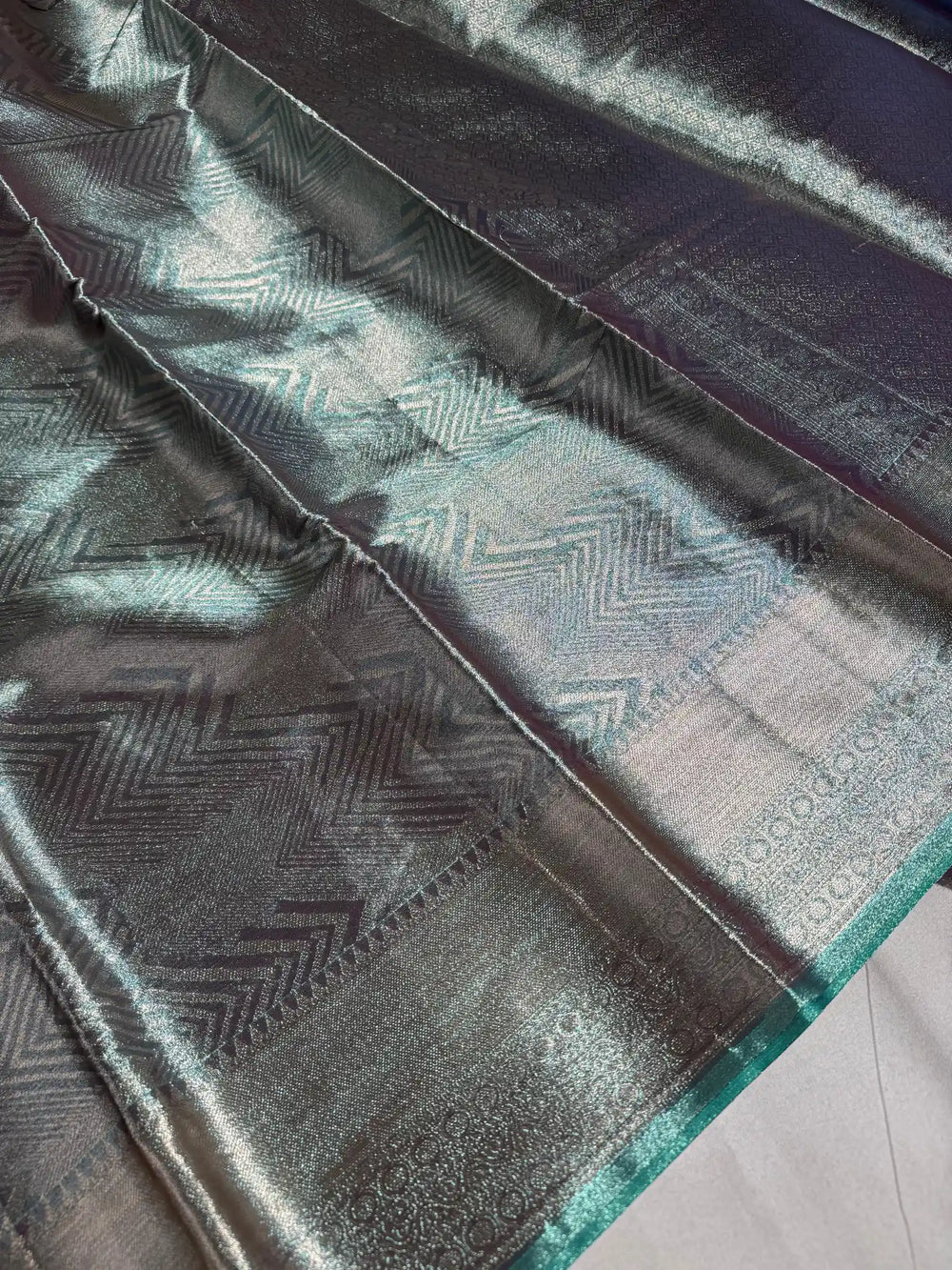 Metallic Sea Green Kanjivaram Tissue Silk Saree with Rich Pallu and Blouse