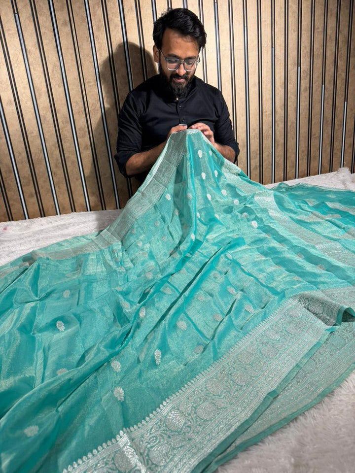 Metallic Sea Green Pure Khaddi Tissue Silk Handwoven Banarasi Saree