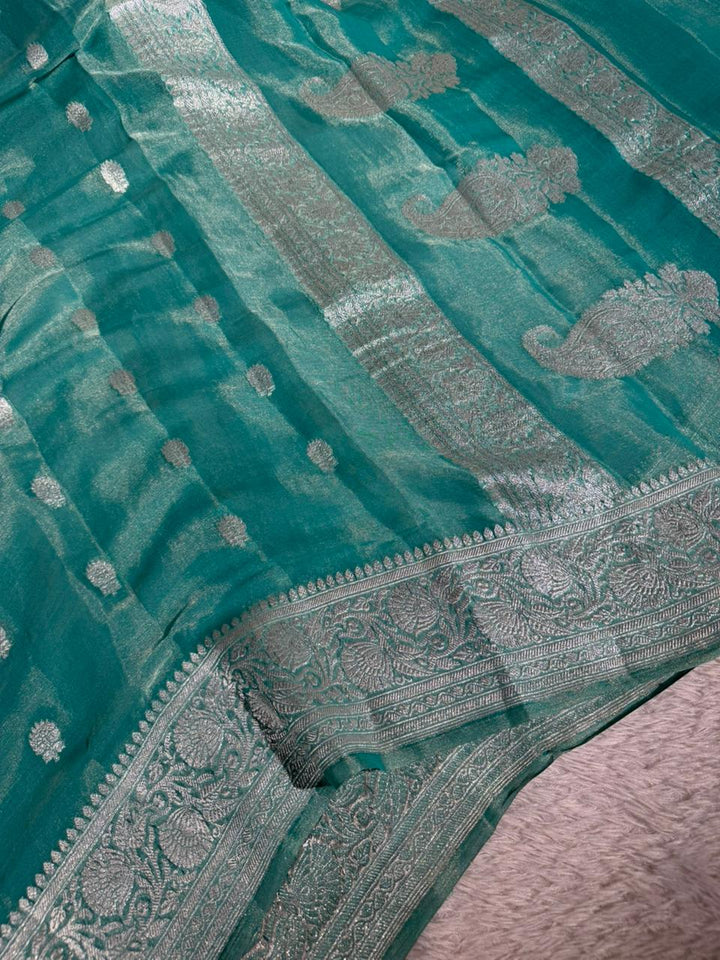 Metallic Sea Green Pure Khaddi Tissue Silk Handwoven Banarasi Saree