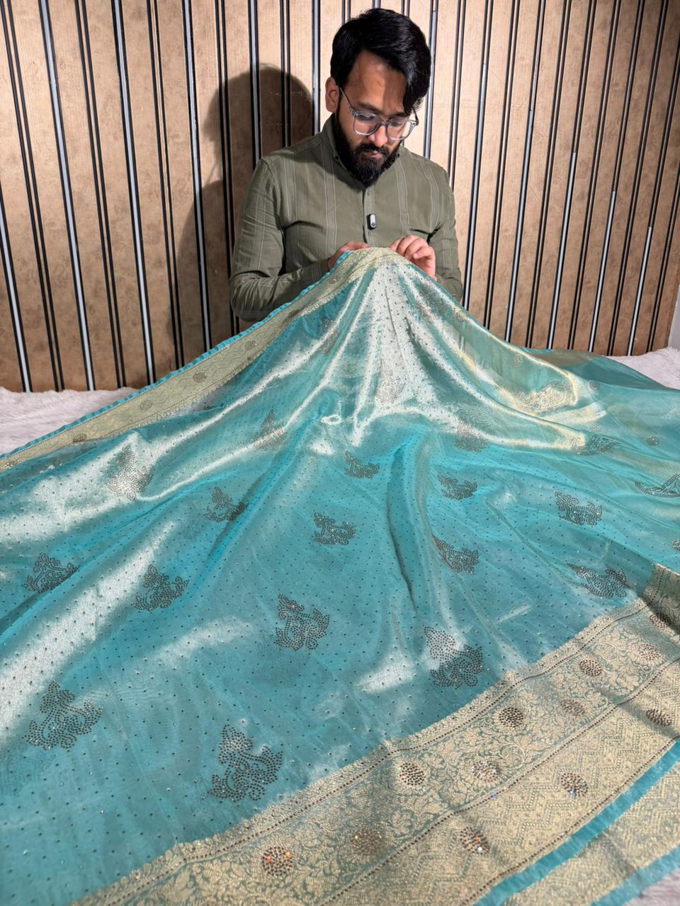 Metallic Sea Green Tissue Silk Swarovski Work Saree