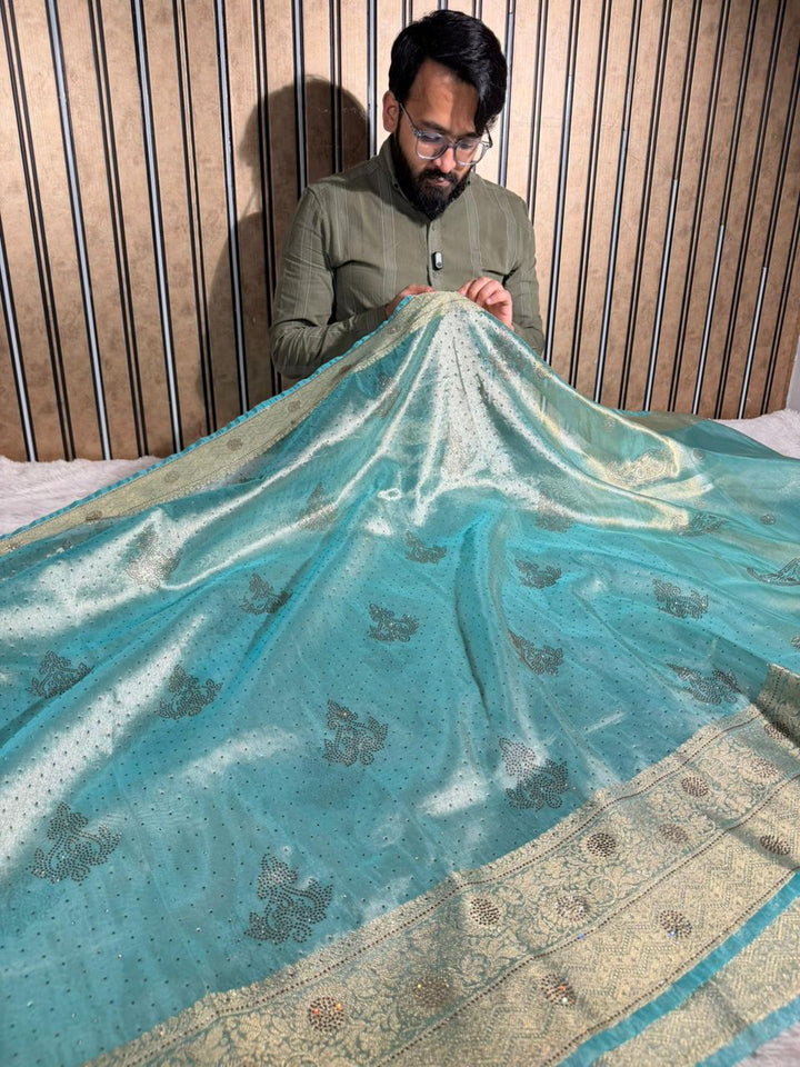 Metallic Sea Green Tissue Silk Swarovski Work Saree