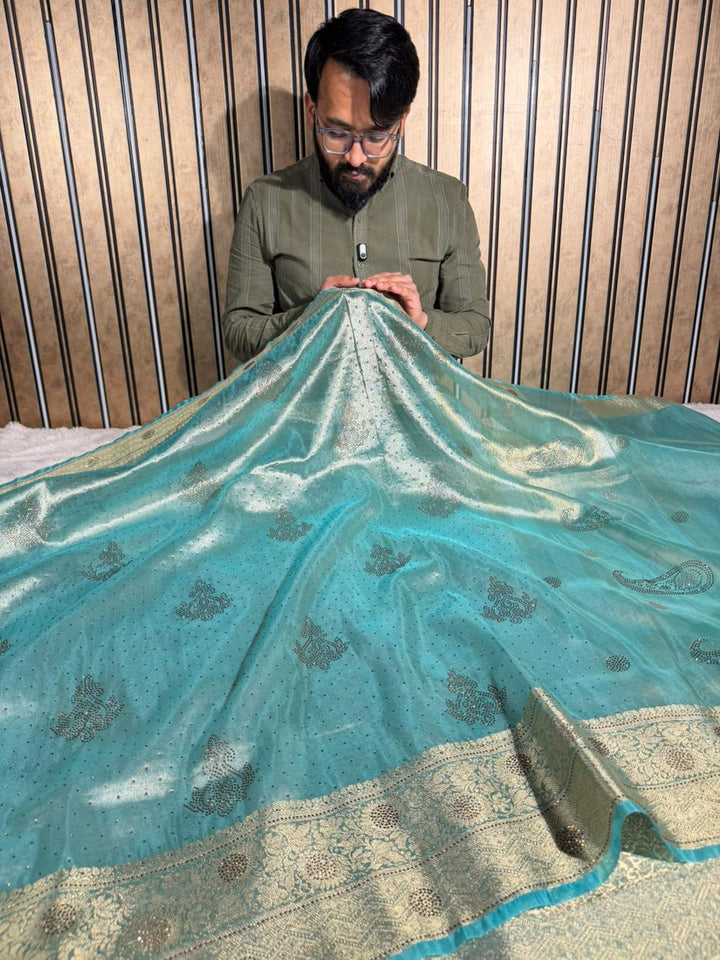 Metallic Sea Green Tissue Silk Swarovski Work Saree