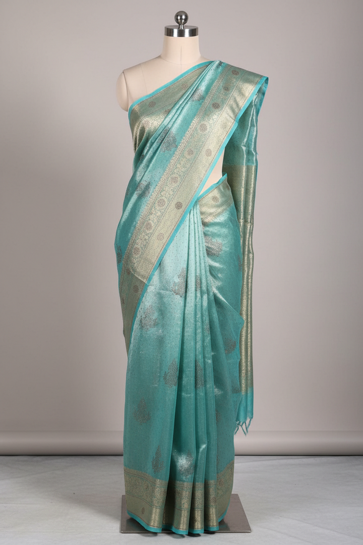 Metallic Sea Green Tissue Silk Swarovski Work Banarasi Saree