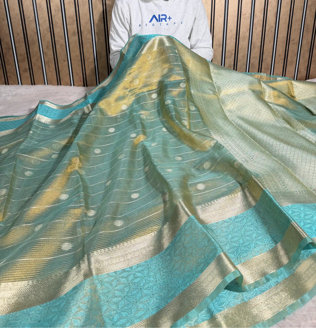 Metallic Sea Green Tissue Silk Traditional Zari Weave Banarasi Saree
