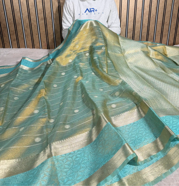 Metallic Sea Green Tissue Silk Traditional Zari Weave Banarasi Saree