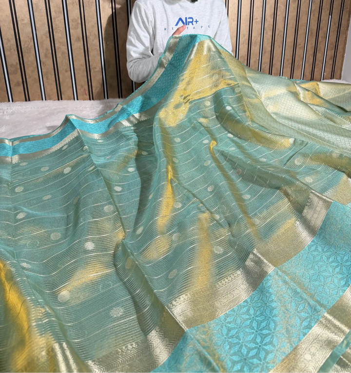 Metallic Sea Green Tissue Silk Traditional Zari Weave Banarasi Saree