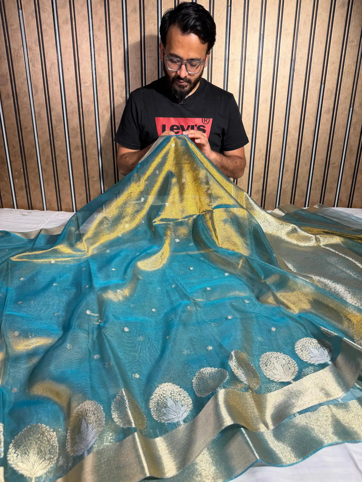 Metallic Sky Blue Gold Tissue Silk Heritage Weave Banarasi Saree