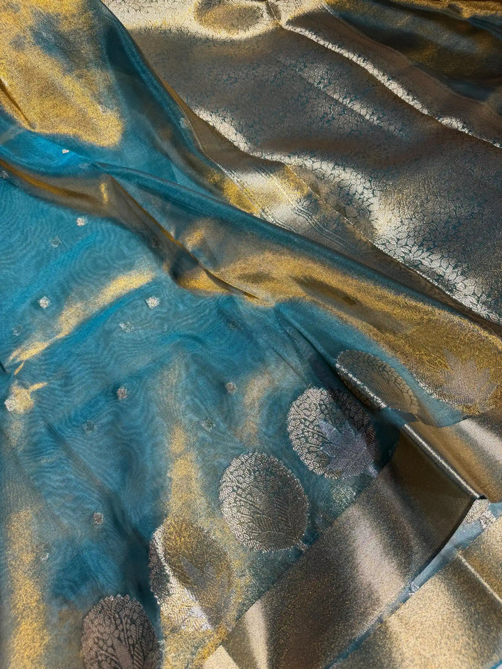 Metallic Sky Blue Gold Tissue Silk Heritage Weave Banarasi Saree