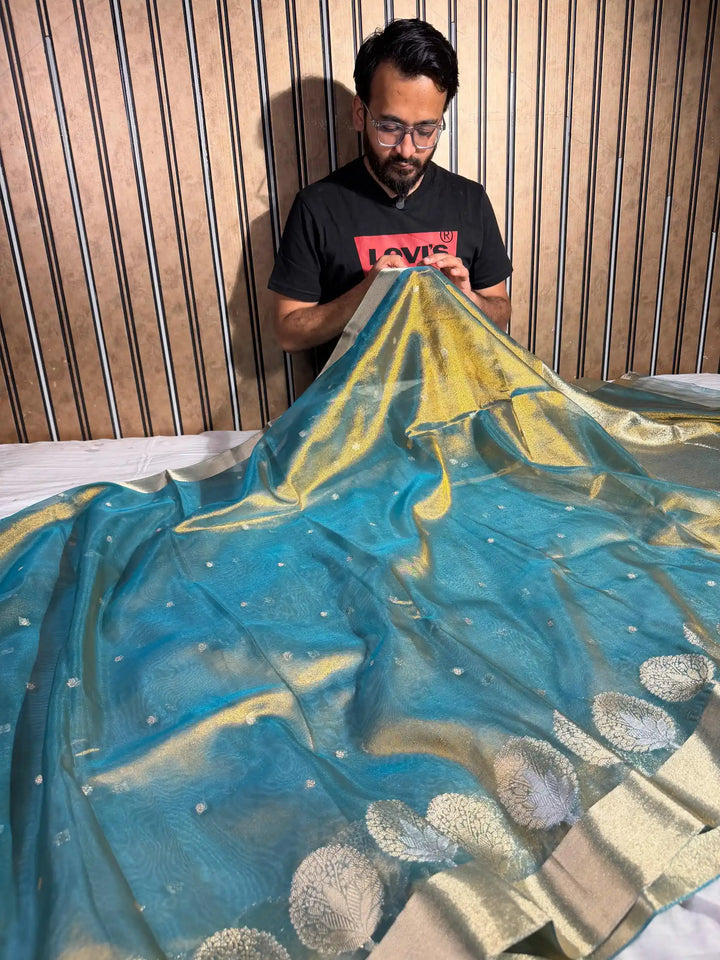 Metallic Sky Blue Gold Tissue Silk Heritage Weave Banarasi Saree