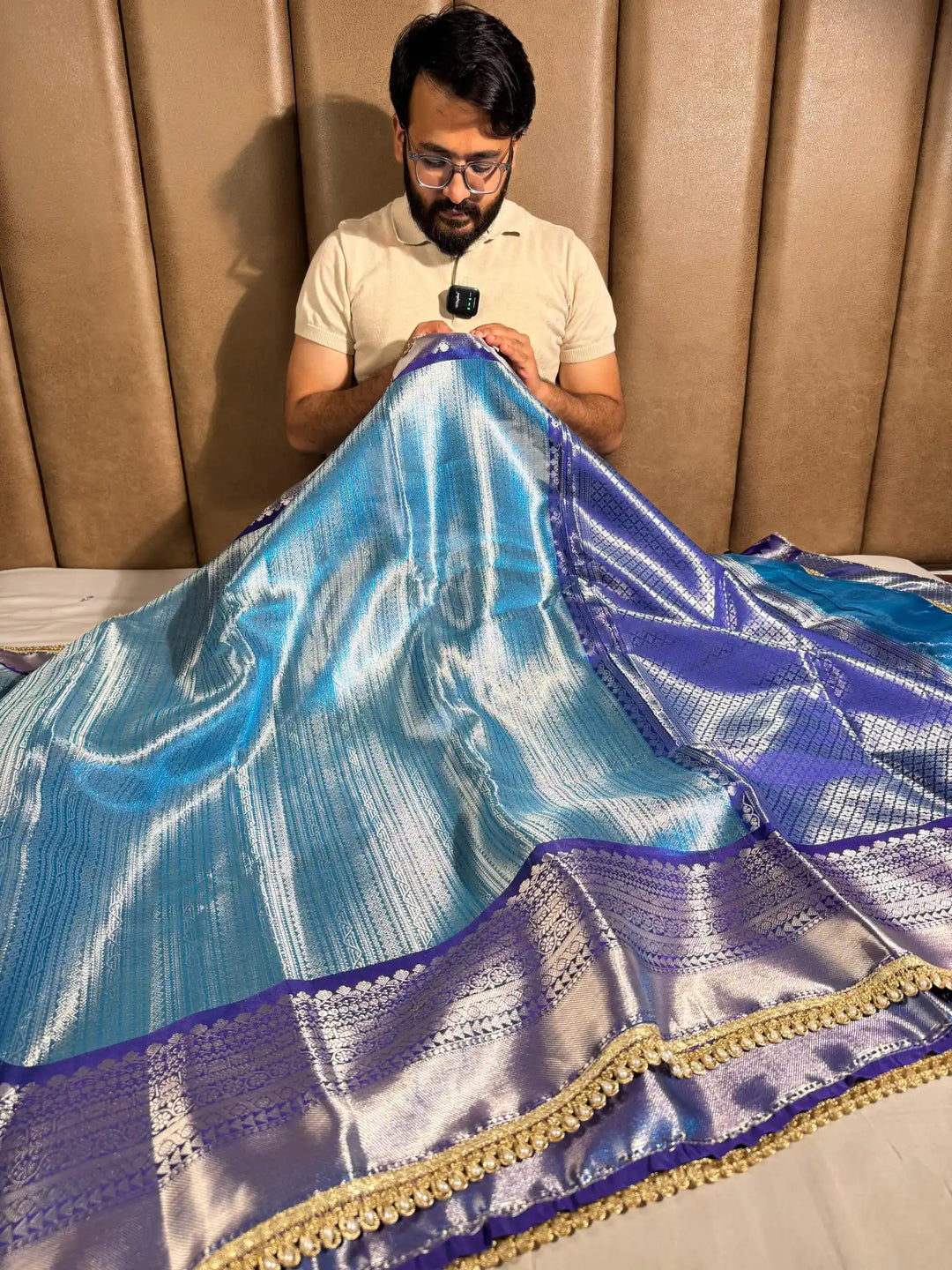 Metallic Sky Blue Tissue Silk Lace Work Banarasi Saree