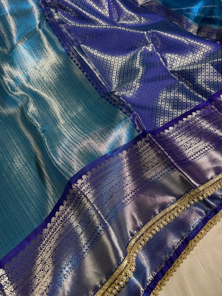 Metallic Sky Blue Tissue Silk Lace Work Banarasi Saree