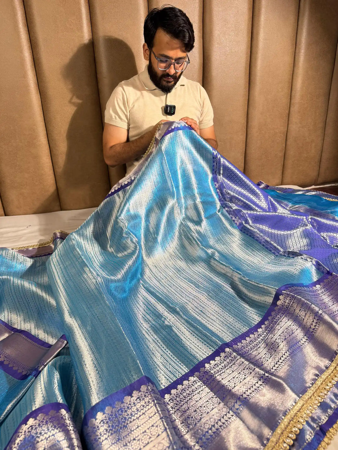 Metallic Sky Blue Tissue Silk Lace Work Banarasi Saree