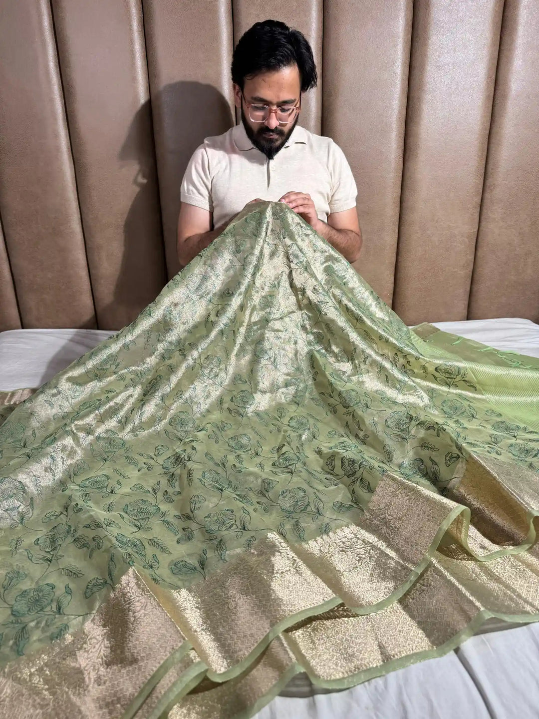 Metallic Teal Green Banarasi Tissue Chikankari Saree with Rich Pallu & Blouse