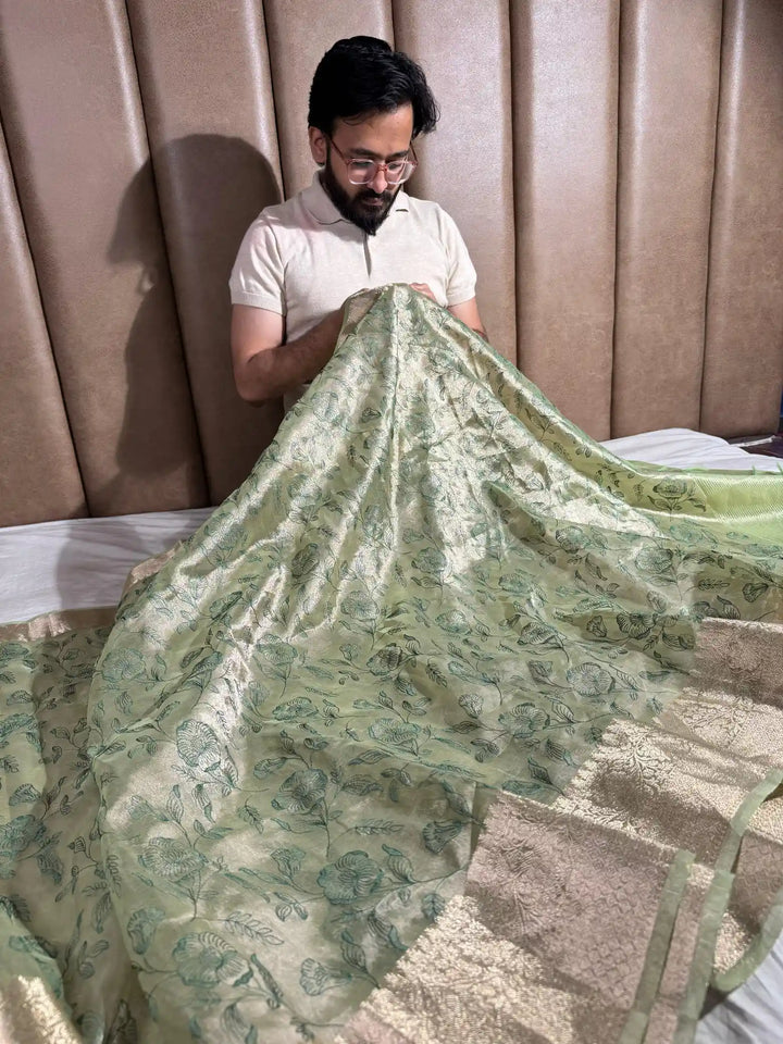 Metallic Teal Green Banarasi Tissue Chikankari Saree with Rich Pallu & Blouse
