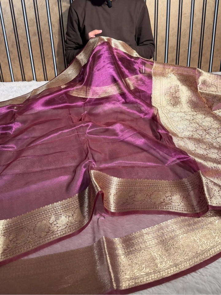Metallic Violet 100% Pure Tissue Silk Traditional Jacquard Weave Banarasi Saree