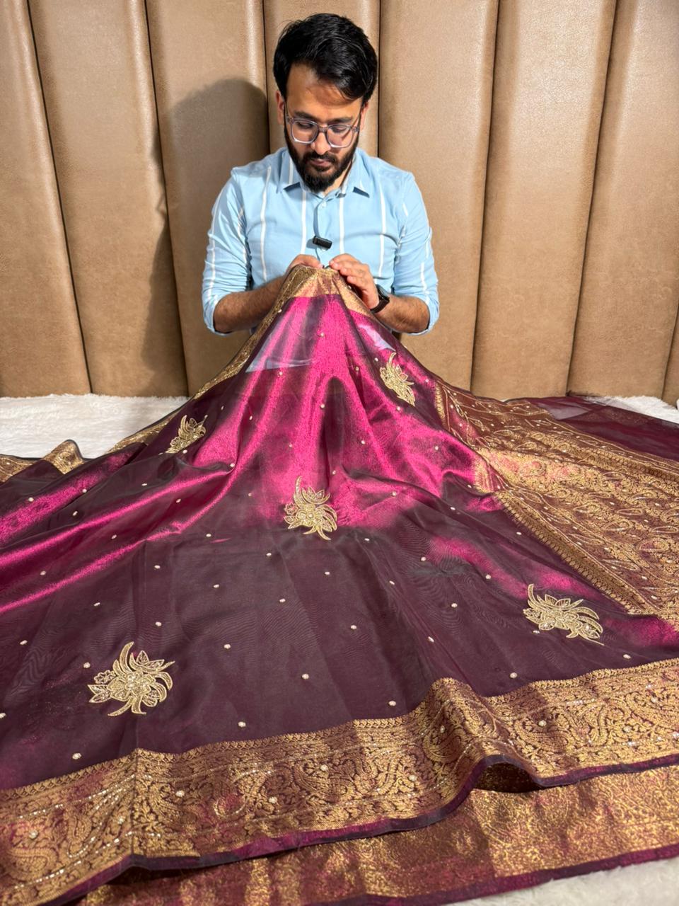 Metallic Violet Kora Tissue Handwork Banarasi Saree