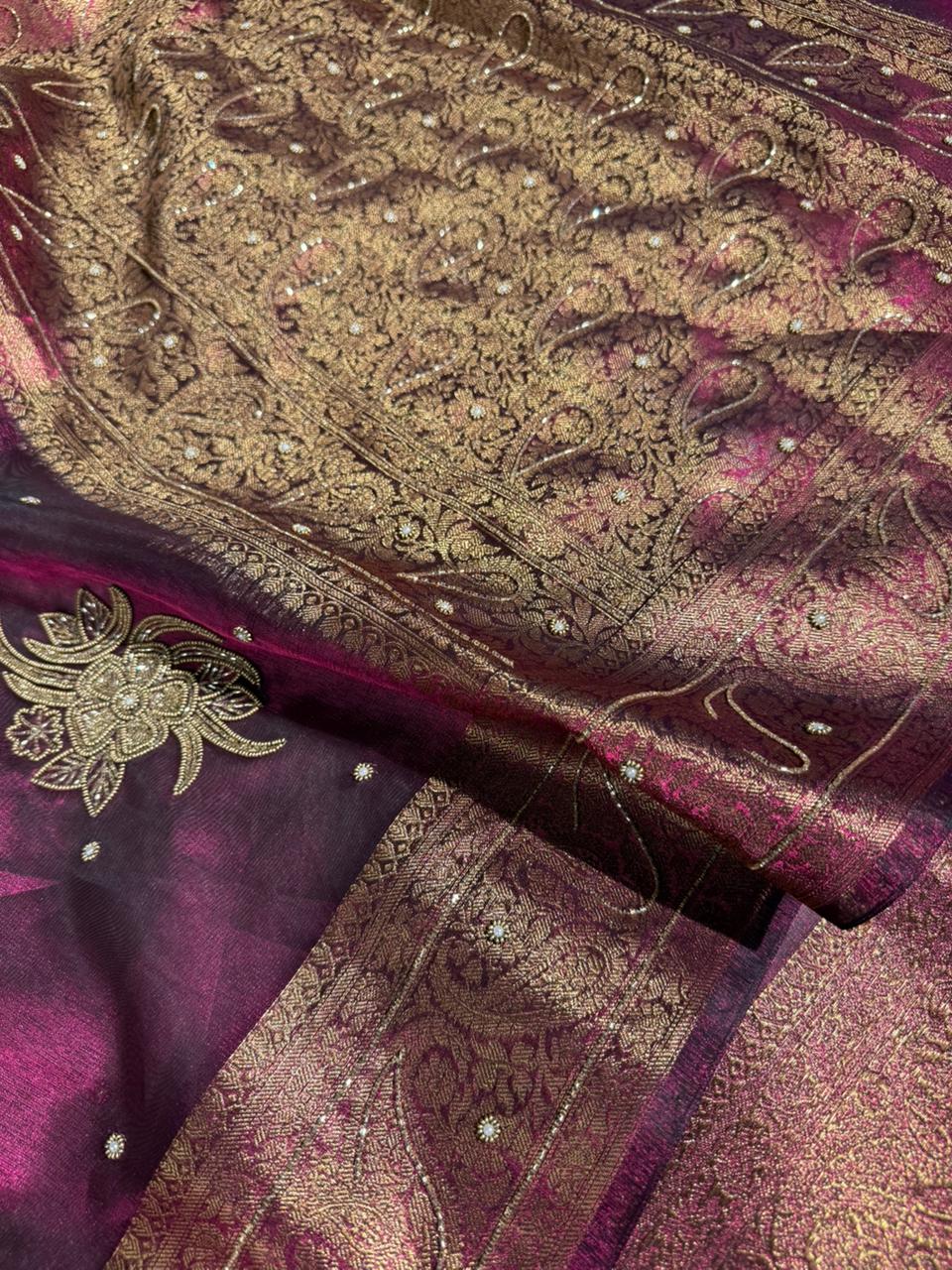 Metallic Violet Kora Tissue Handwork Banarasi Saree