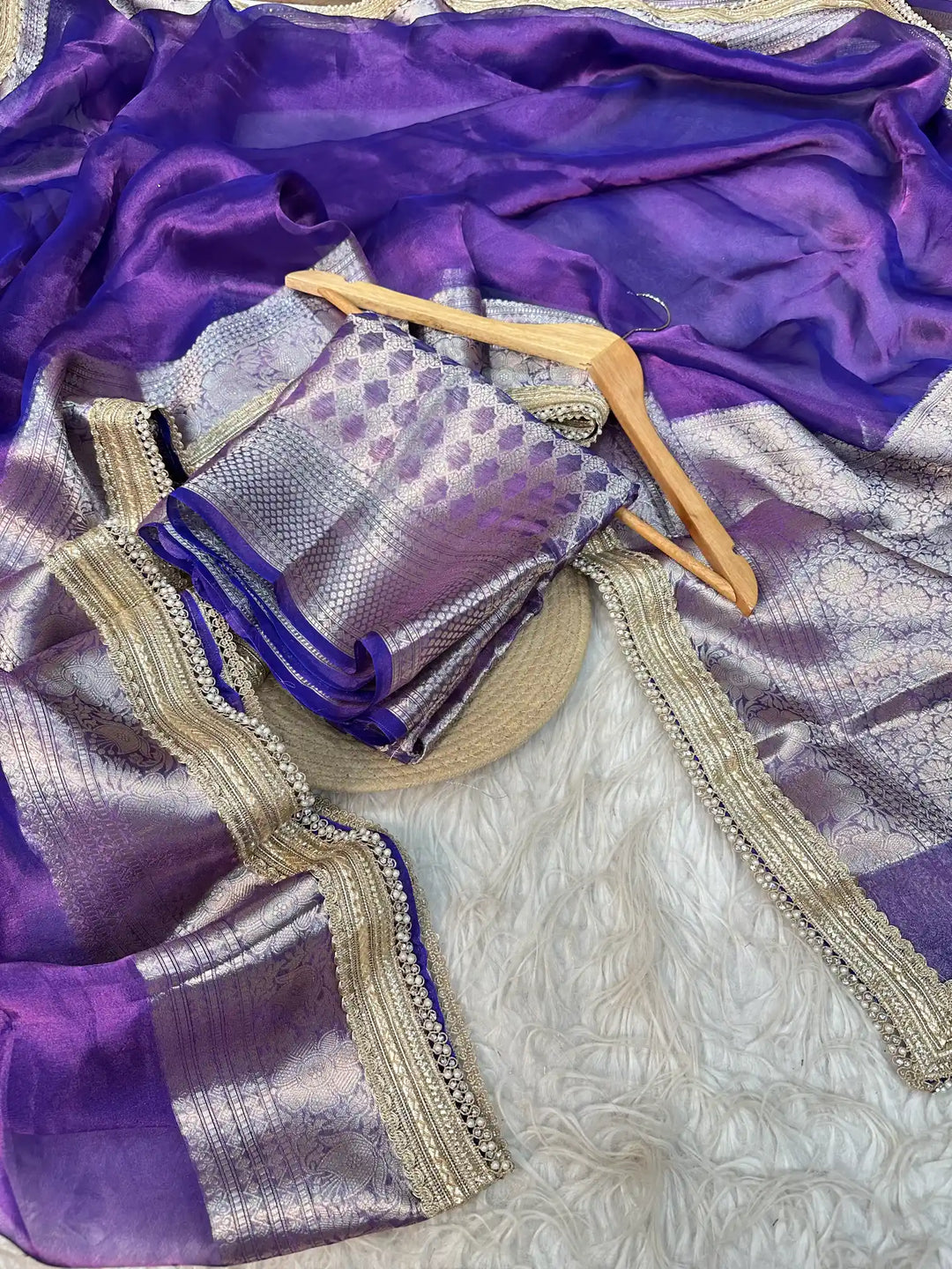 Metallic Voilet Pure Banarasi tissue silk saree with exclusive lacework and rich pallu