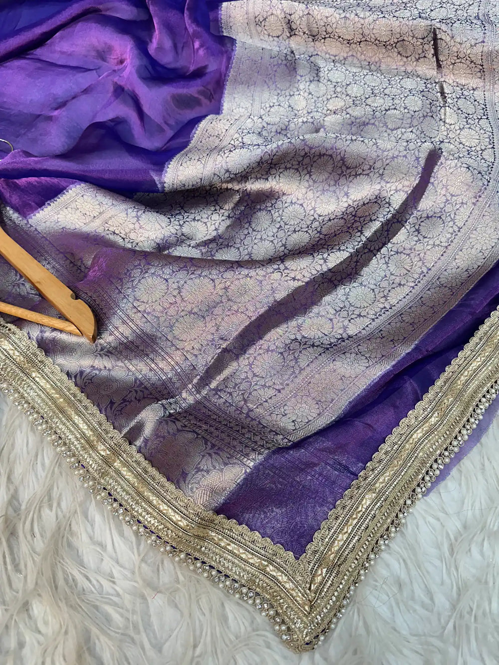Metallic Voilet Pure Banarasi tissue silk saree with exclusive lacework and rich pallu