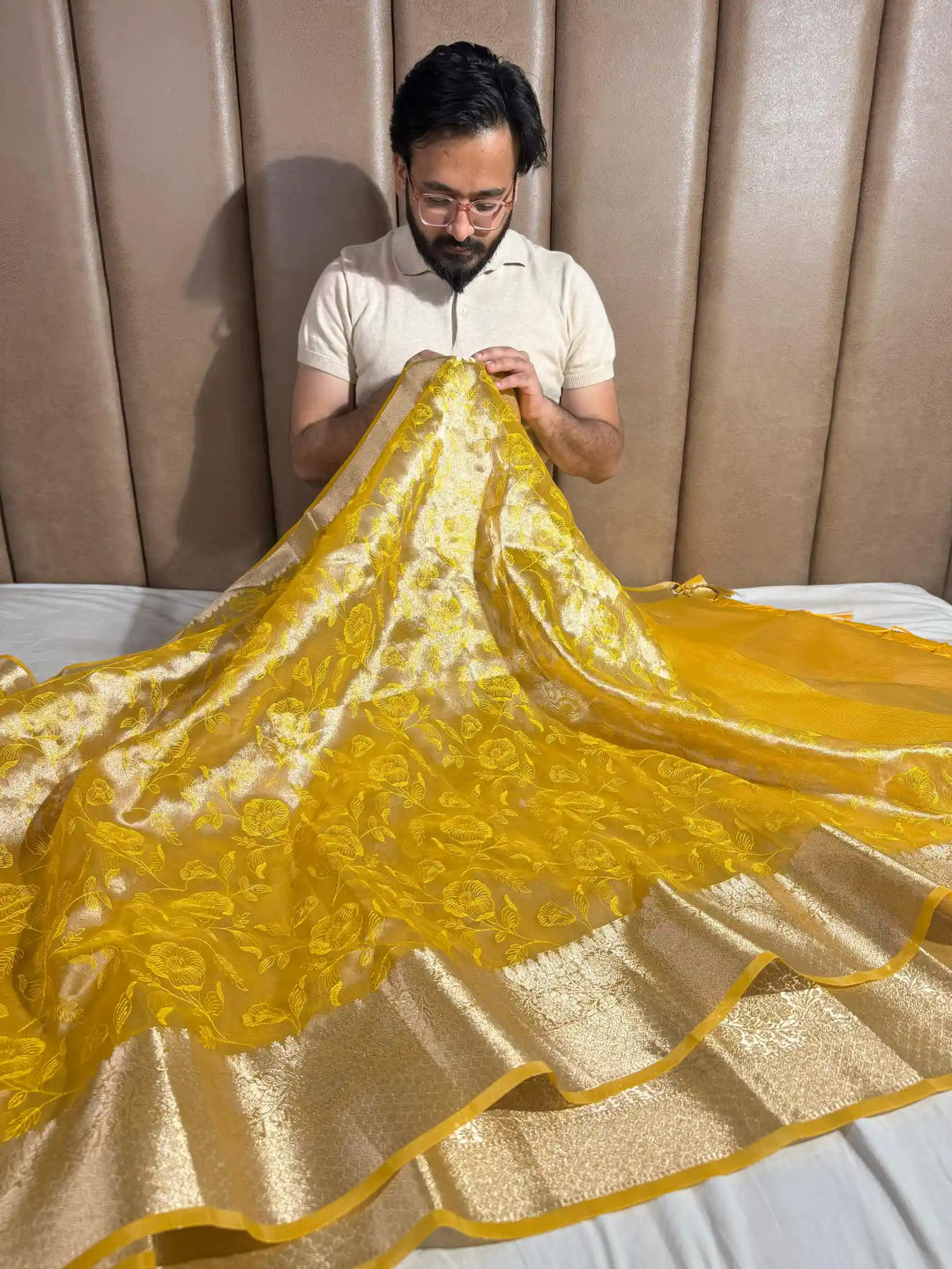Metallic Yellow Banarasi Tissue Chikankari Saree with Rich Pallu & Blouse
