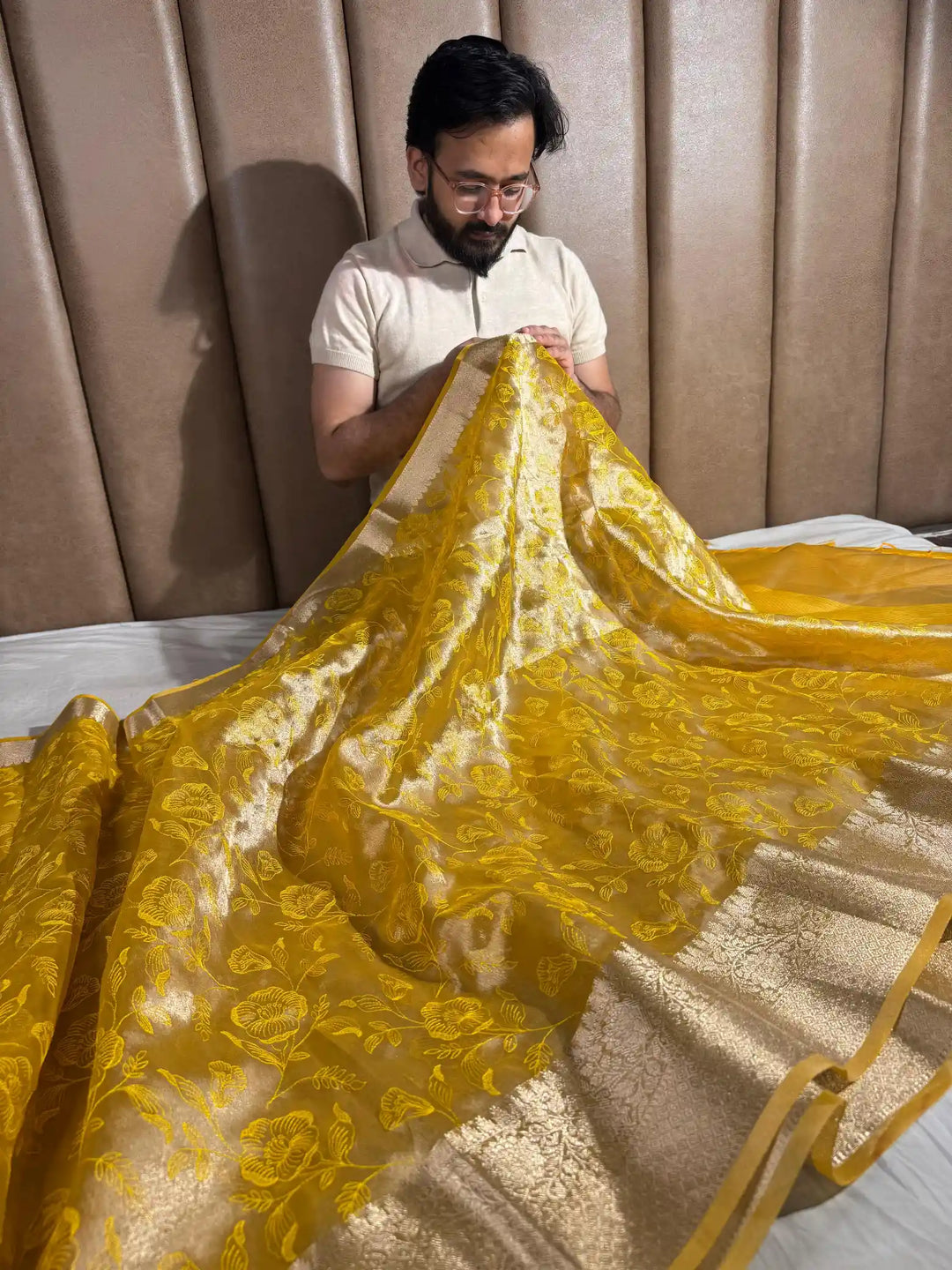 Metallic Yellow Banarasi Tissue Chikankari Saree with Rich Pallu & Blouse