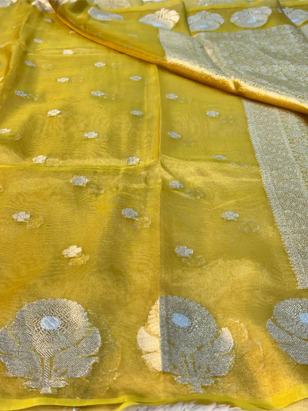 Metallic Yellow Eccentric Soft Tissue Silk Banarasi Saree