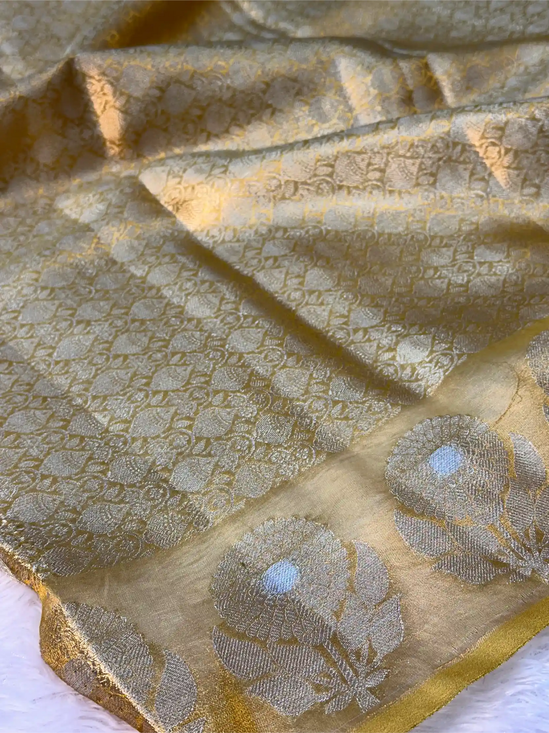 Metallic Yellow Eccentric Soft Tissue Silk Banarasi Saree