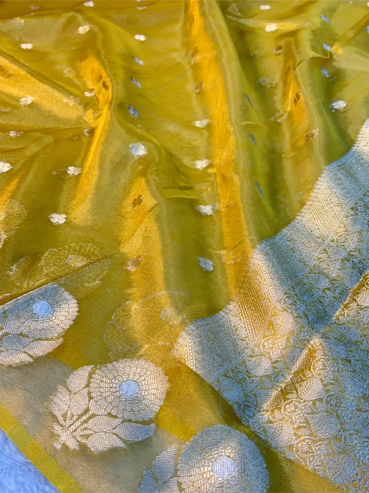 Metallic Yellow Eccentric Soft Tissue Silk Banarasi Saree