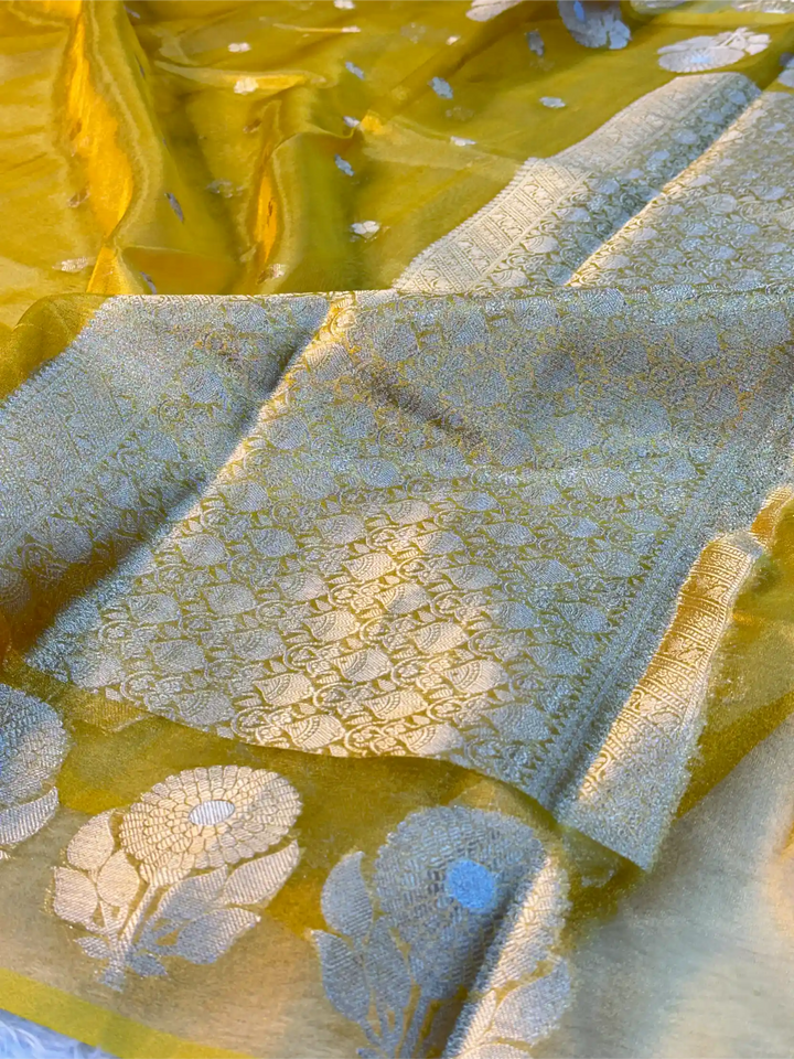 Metallic Yellow Eccentric Soft Tissue Silk Banarasi Saree