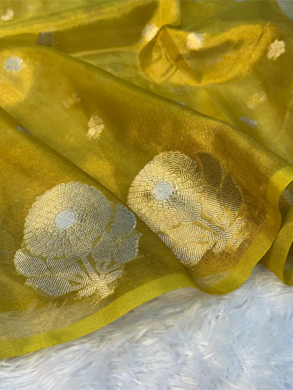 Metallic Yellow Eccentric Soft Tissue Silk Banarasi Saree