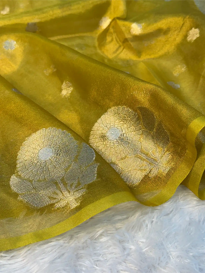 Metallic Yellow Eccentric Soft Tissue Silk Banarasi Saree