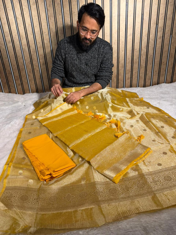 Metallic Yellow Kora Tissue Banarasi Suit