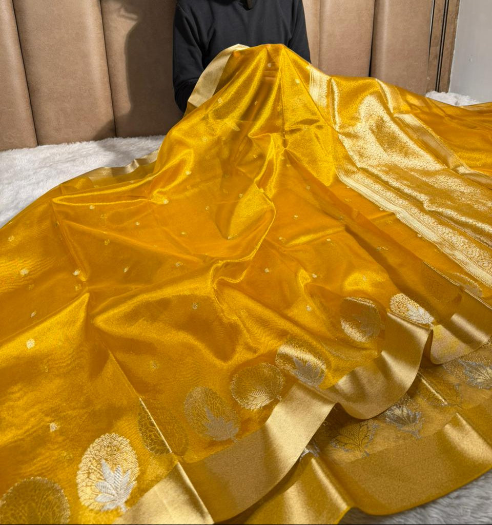 Metallic Yellow Kora Tissue Silk Banarasi Saree