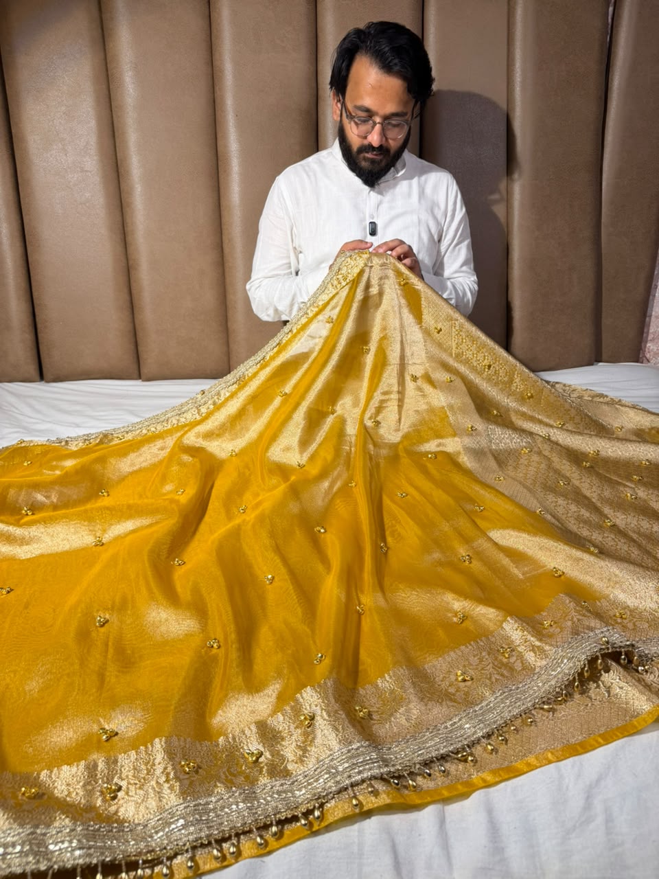 Metallic Yellow Kora Tissue Viral Ghungroo Saree