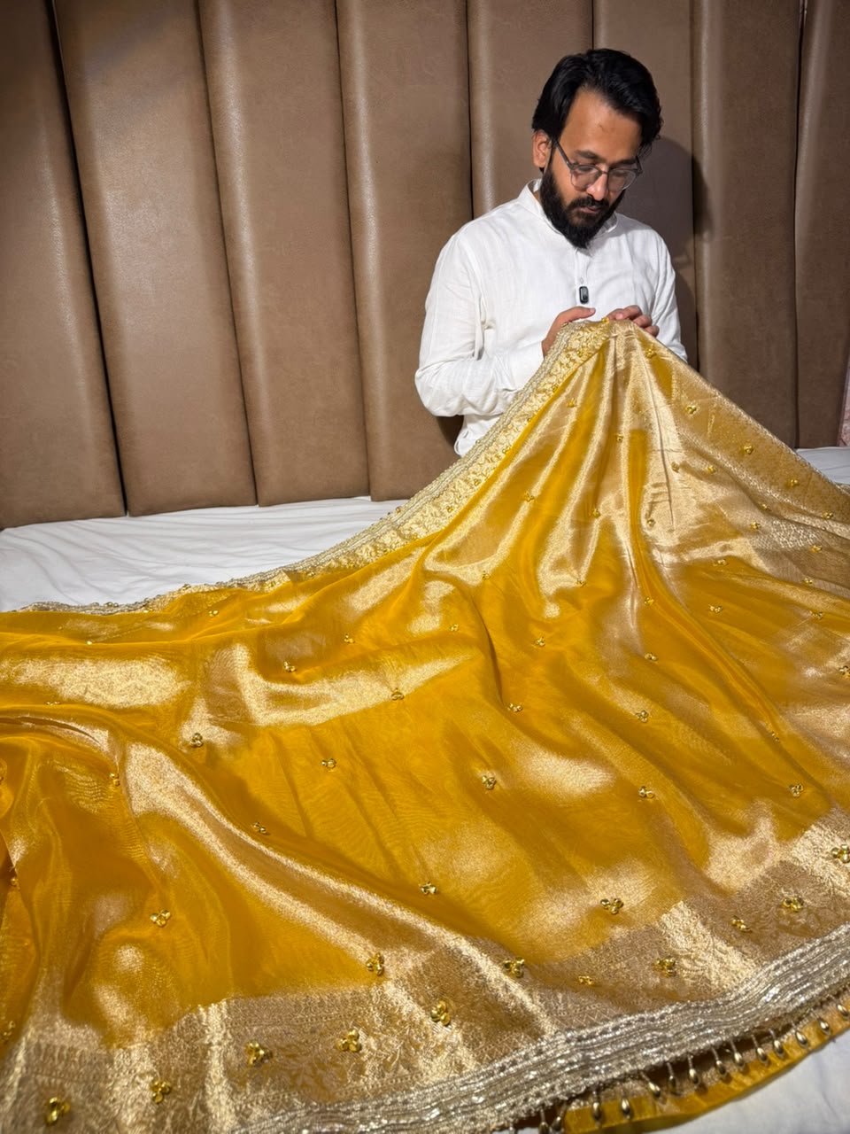 Metallic Yellow Kora Tissue Viral Ghungroo Saree
