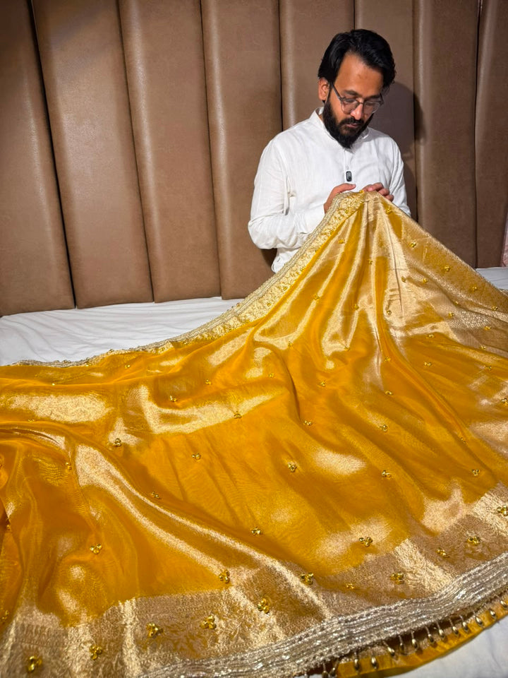 Metallic Yellow Kora Tissue Viral Ghungroo Saree
